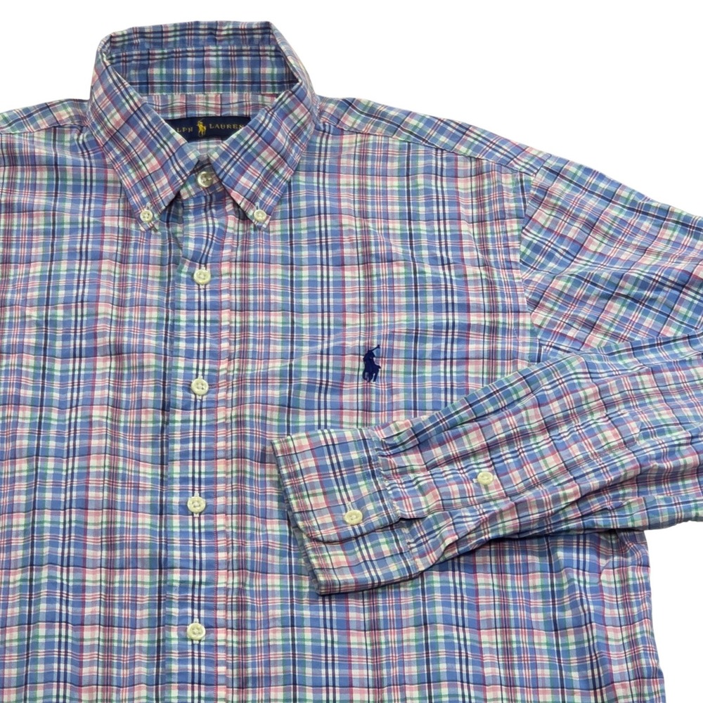 Ralph Lauren Plaid Long Sleeve Button Down Shirt Blue Pink‎ Mens Medium